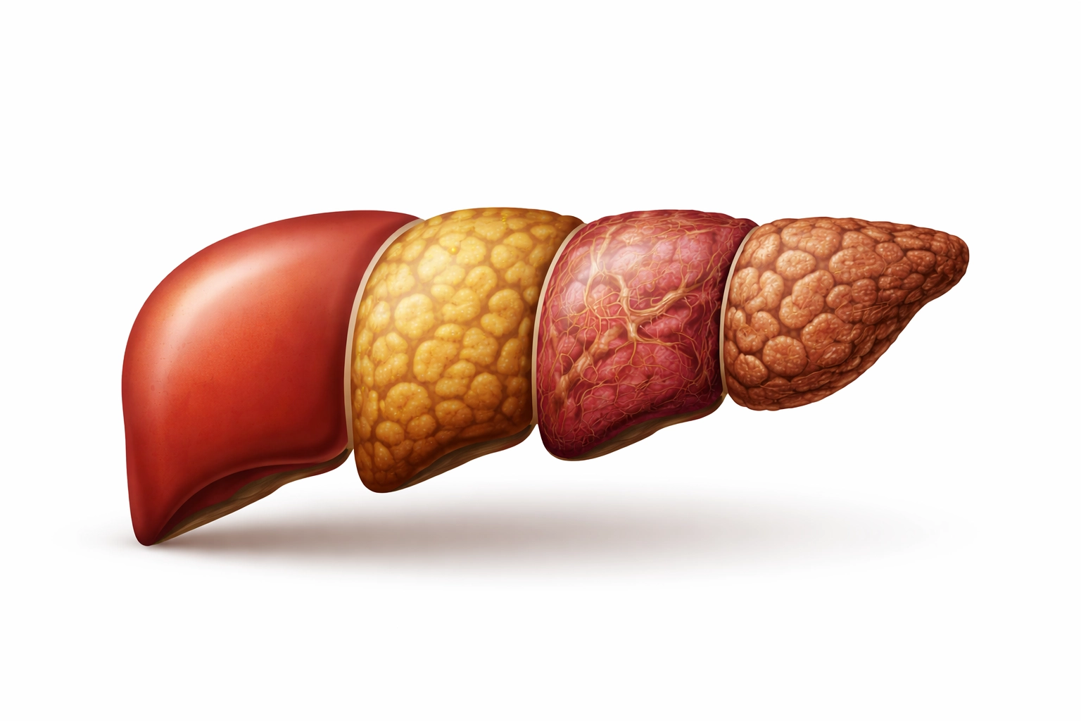 A detailed medical illustration showing the progression of liver damage from a healthy liver to fatty liver, fibrosis, and advanced cirrhosis, highlighting structural changes and scarring over time.