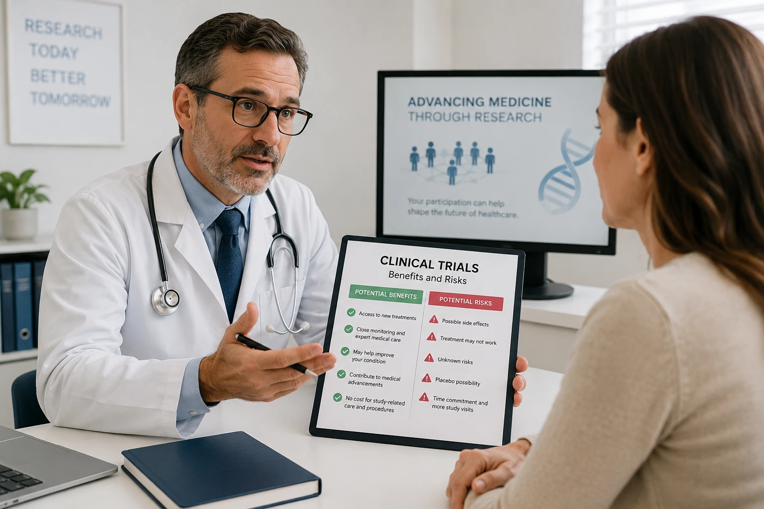 A research physician discusses the potential benefits, risks, and participant rights involved in joining a clinical research study.