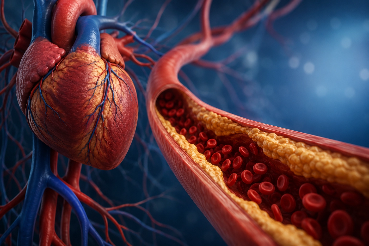 Medical illustration of the human heart and plaque buildup inside an artery associated with elevated Lipoprotein(a) and increased cardiovascular disease risk.