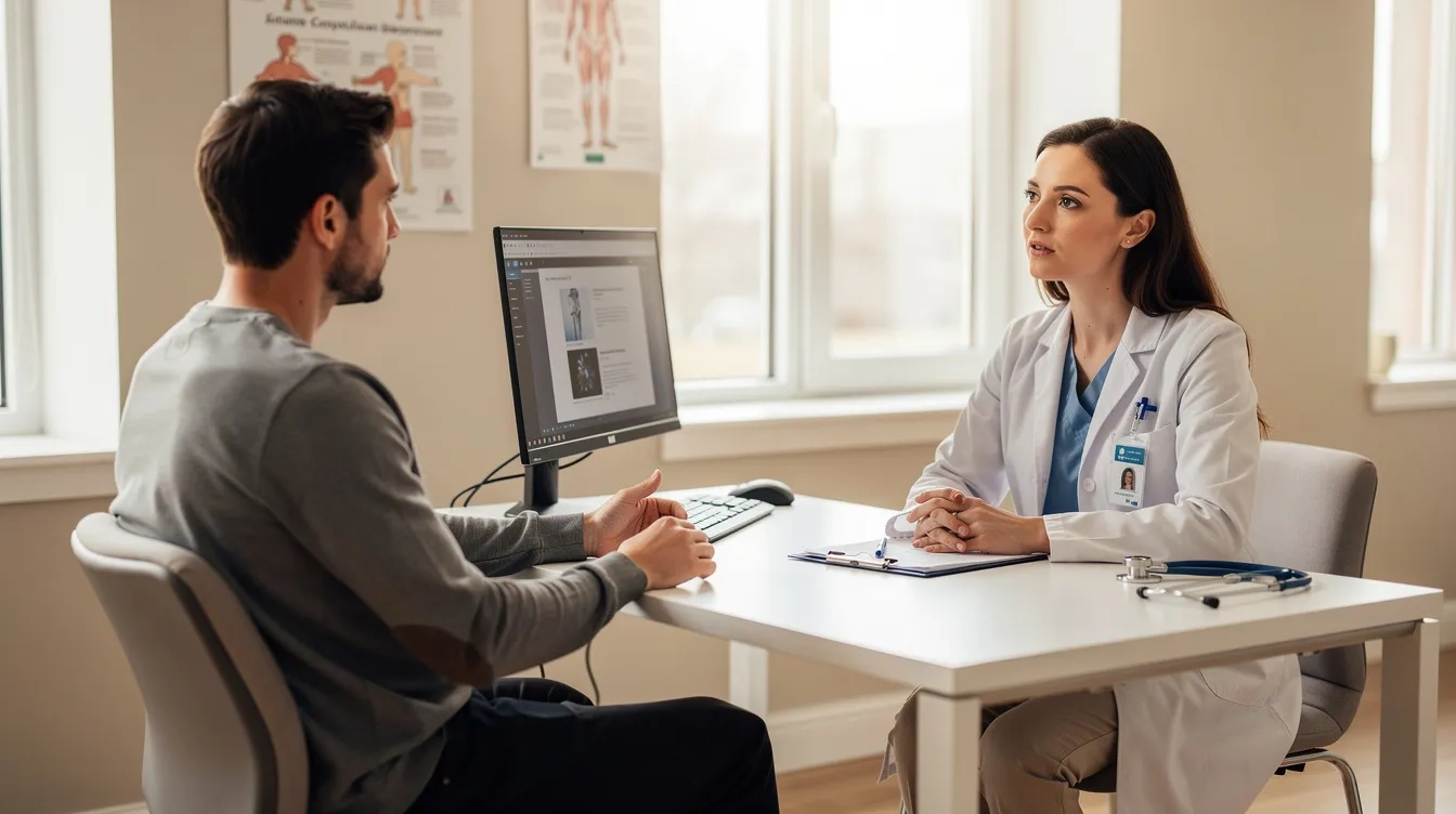 Doctor explaining how clinical trials work to a volunteer during a research study consultation.