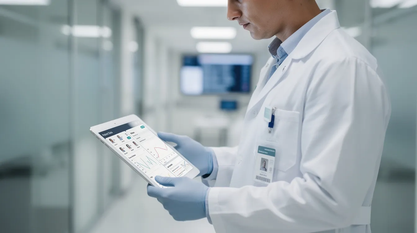 A doctor holding a tablet while reviewing clinical trial information, representing clinical trial timelines, research phases, and the process of conducting medical studies.