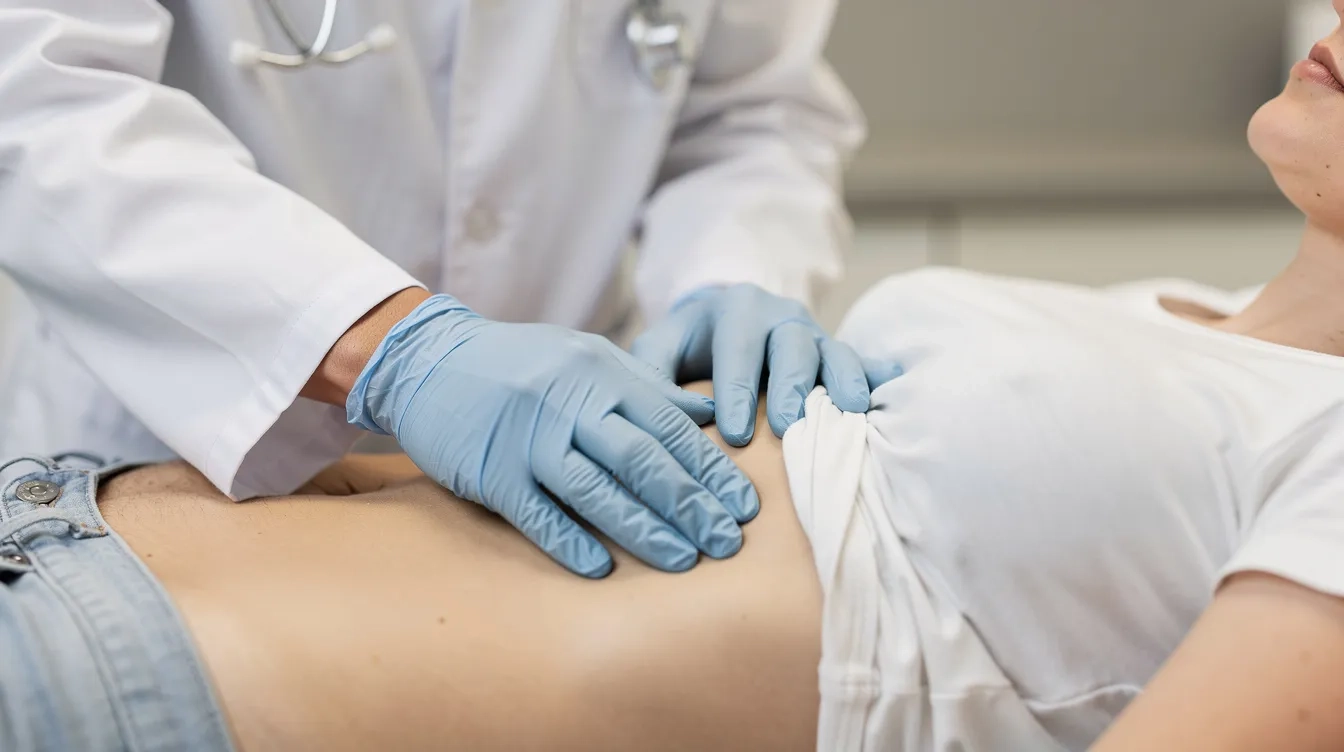 A healthcare professional performs an abdominal examination on a patient as part of an evaluation for liver disease and possible signs of liver cirrhosis.