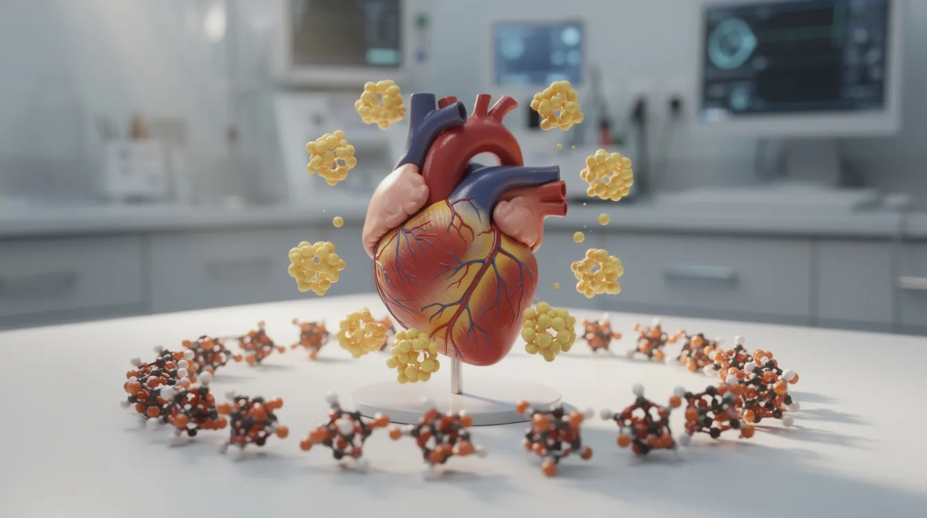 Anatomical heart model surrounded by cholesterol particles representing high cholesterol and heart health