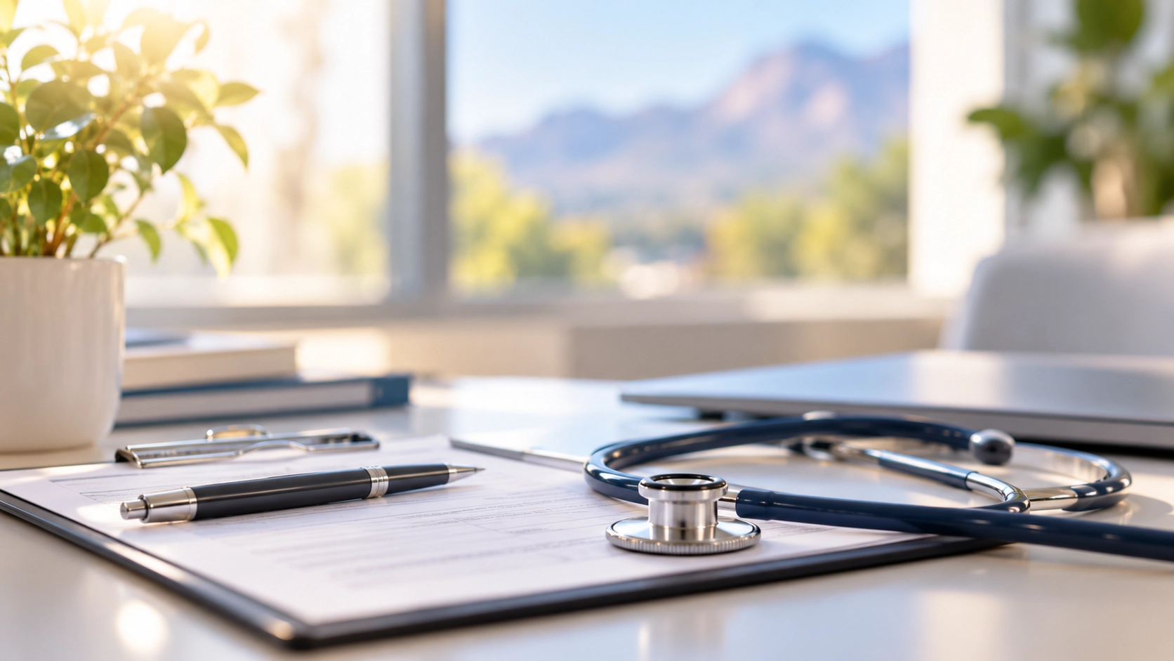 Stethoscope and medical documents representing health insurance and clinical trial participation.